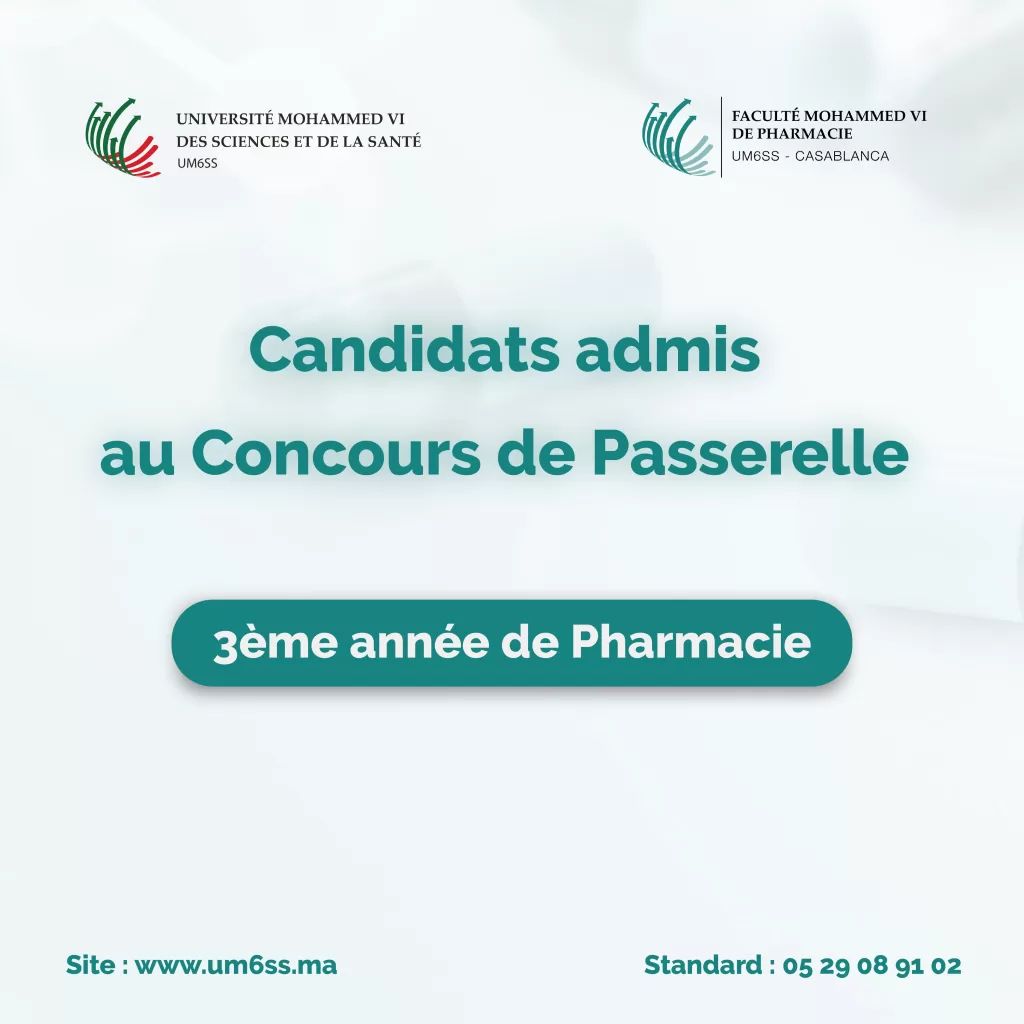 LISTE DES CANDIDATS ADMIS AU CONCOURS DE PASSERELLE 3ÈME ANNÉE DE PHARMACIE – 11/09/2023