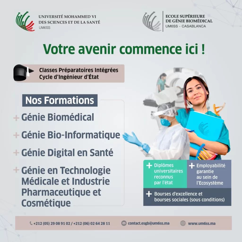 Découvrez les formations de l’École Supérieure Mohammed VI d’Ingénieurs en Sciences de la Santé (ESGB)