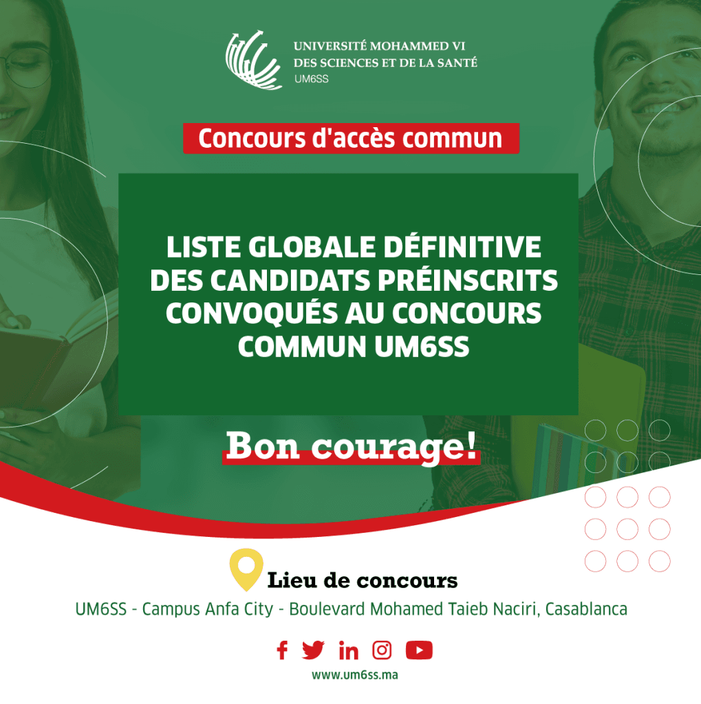 Liste globale définitive des candidats préinscrits convoqués au concours commun d’accès UM6SS